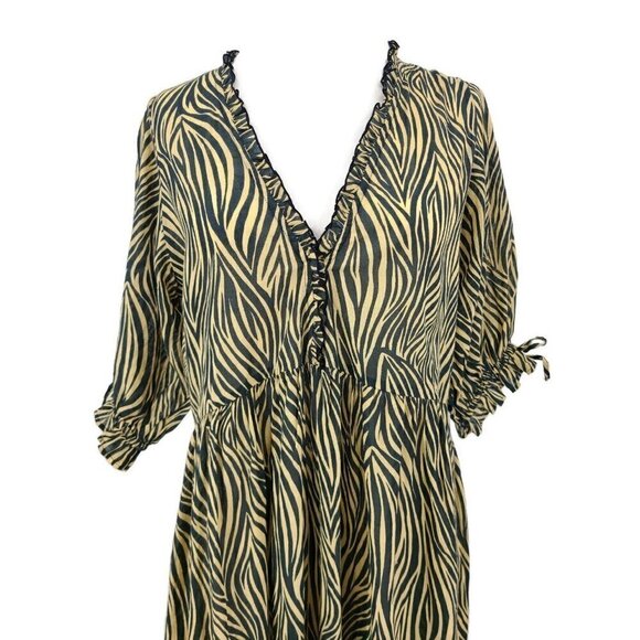Auguste Cotton Zebra Stripe Dress Womens 4 Slits Ruffles Short Sleeve V Neck - Picture 2 of 6